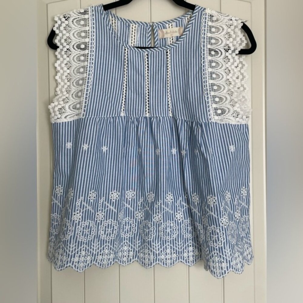 Altar'd State Blue and White Striped Top with Lace Flutter Sleeve
